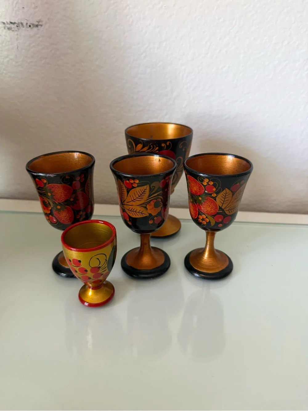 Russian Lacquer Hand-Painted Decorative Wooden Cups Set - 5 Vtg